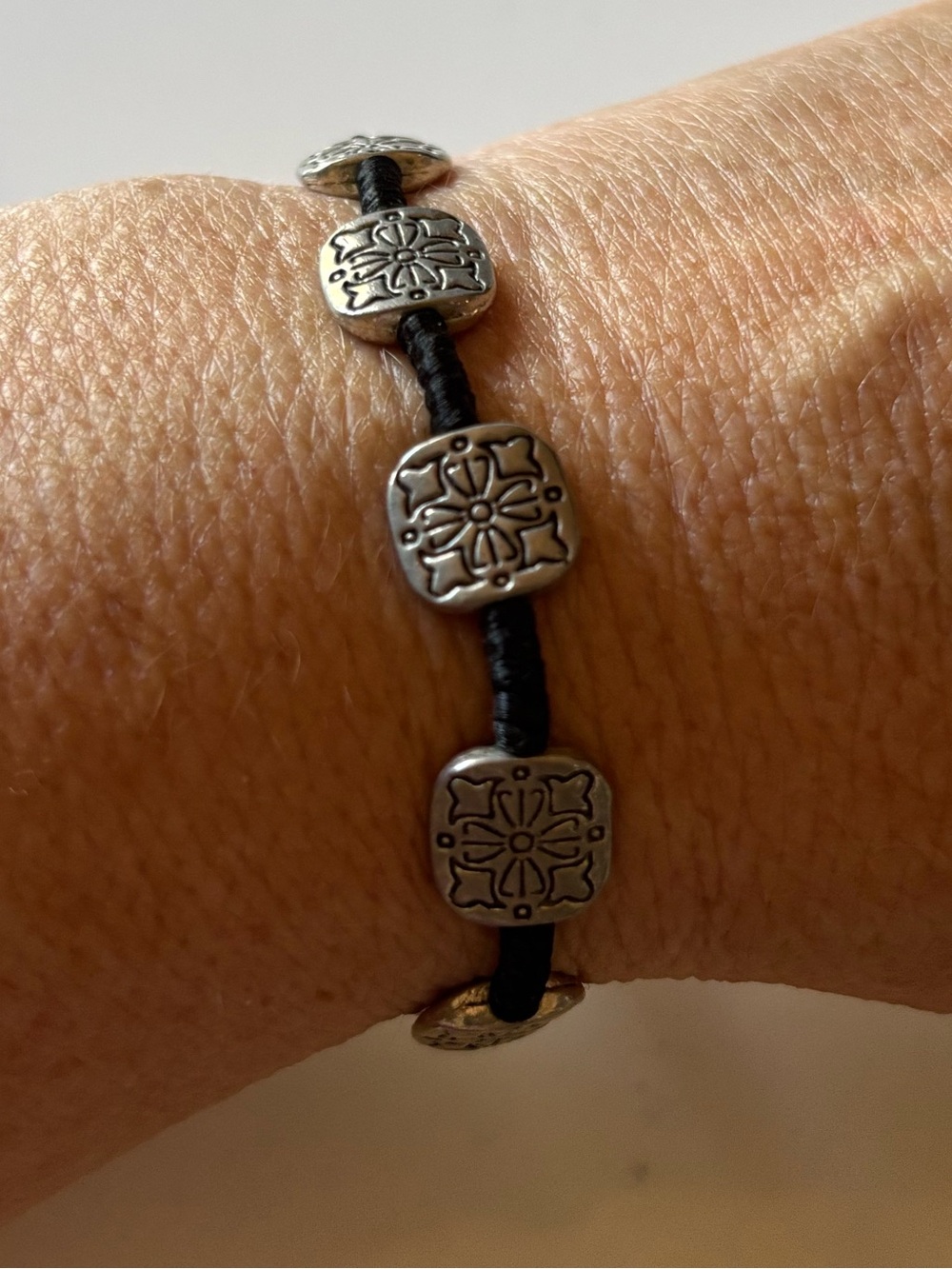 Silver Tone Floral Square Bead Black Cord Bracelet Button Closure